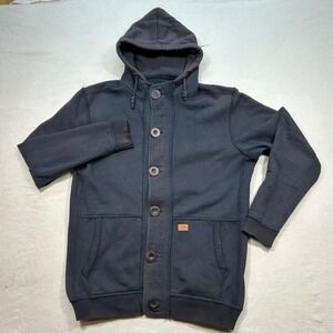 Globe Button Front Hoodie Large Mens Black Skater Grunge Fleece Lined Sweatshirt